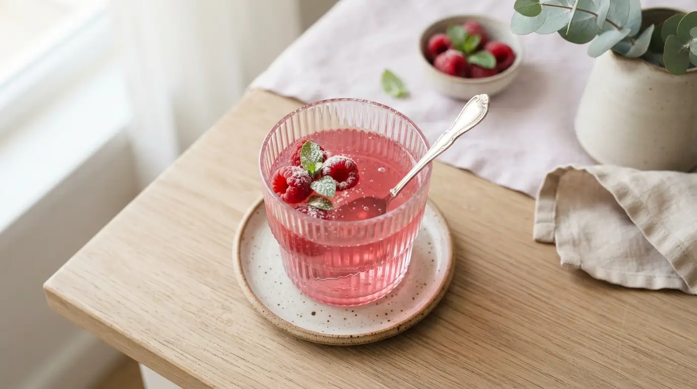 Gelatina bariátrica rosa estilo Adamari López en vaso de vidrio con cuchara
