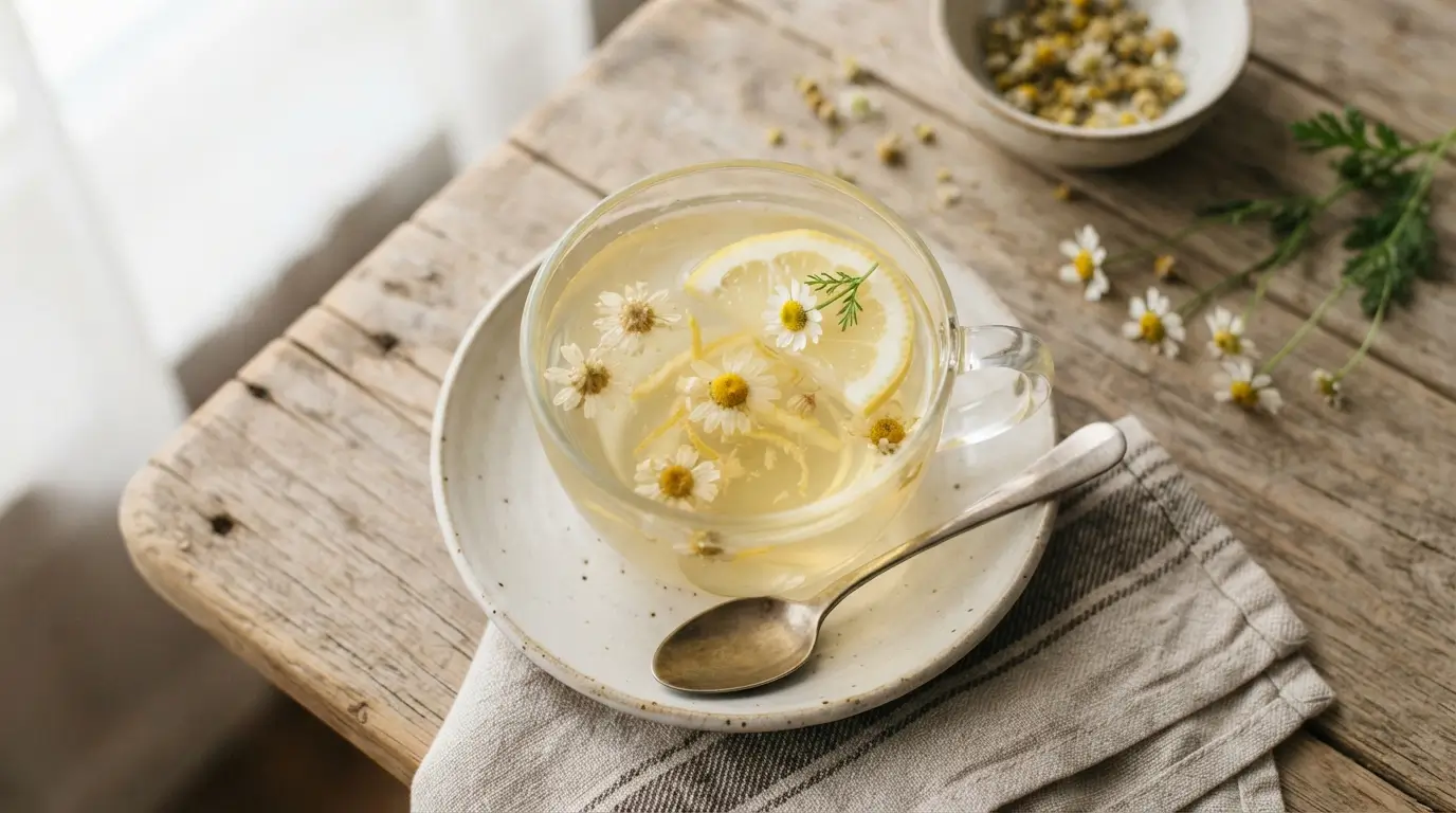 Gelatina Saxenda casera en vaso de vidrio con manzanilla y limón