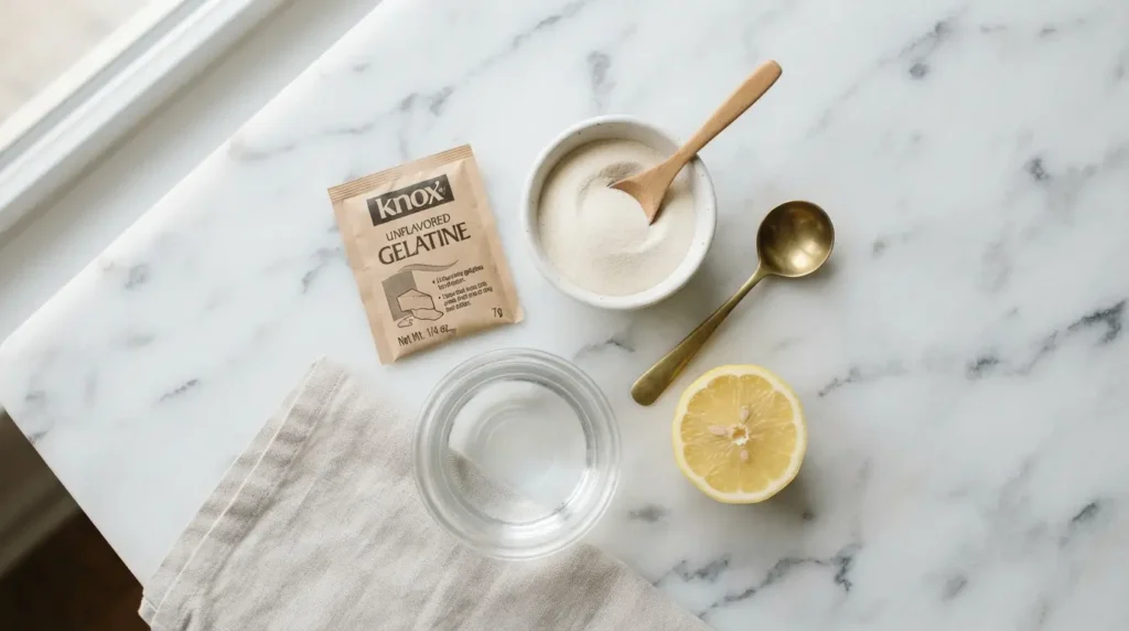 Ingredientes para preparar gelatina bariátrica: gelatina sin sabor, colágeno y limón