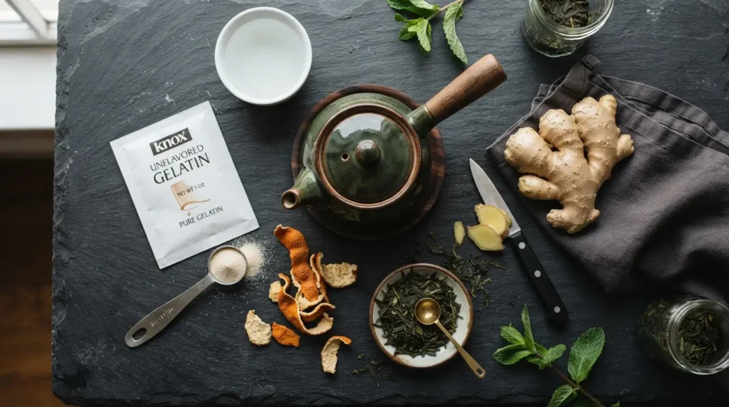 Ingredientes para preparar gelatina china: jengibre, mandarina y té verde