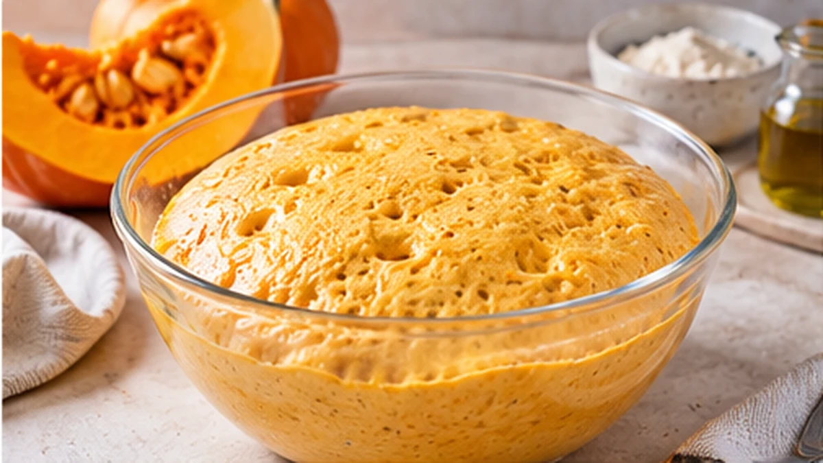 Masa de pumpkin focaccia fermentada en un bol de vidrio