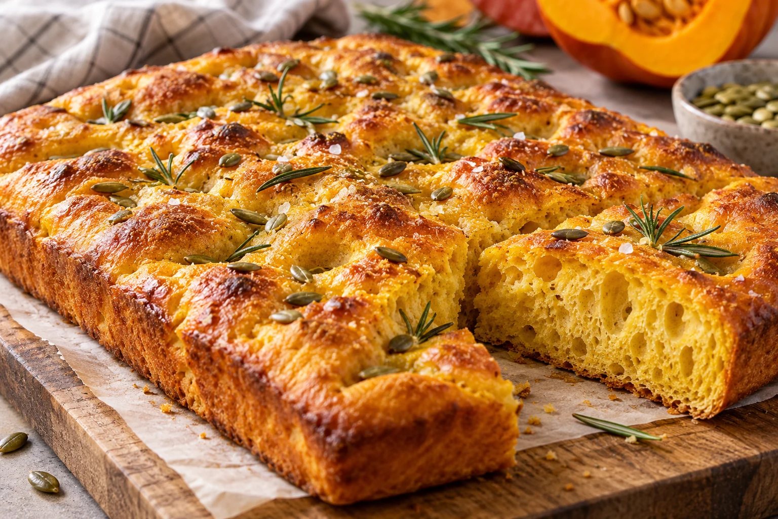 Pumpkin focaccia dorada con romero, semillas de calabaza y sal en escamas