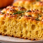 Rebanada de pumpkin focaccia con miga esponjosa