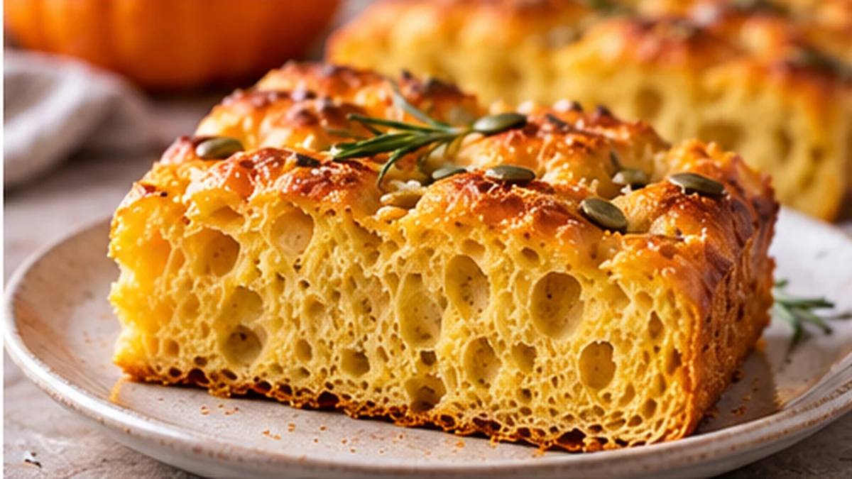 Rebanada de pumpkin focaccia con miga esponjosa