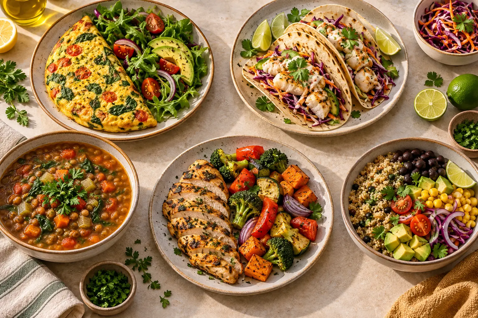 Cinco cenas saludables con verduras, pollo, pescado, legumbres y huevo