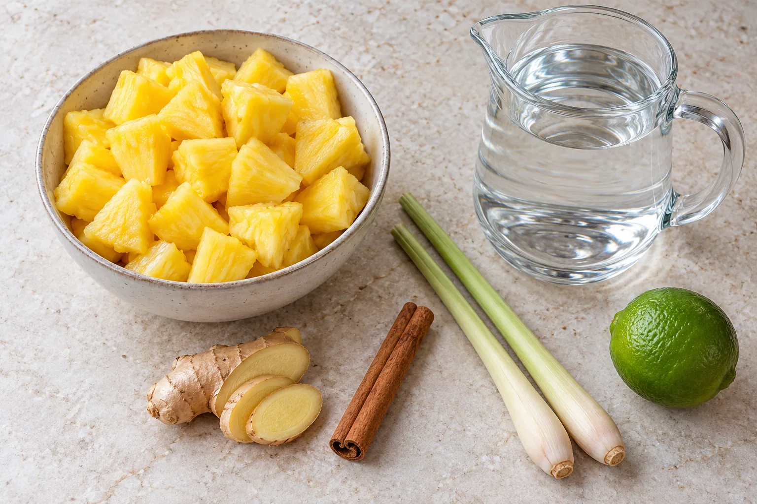 Piña, jengibre, canela, zacate de limón, lima y agua para la infusión