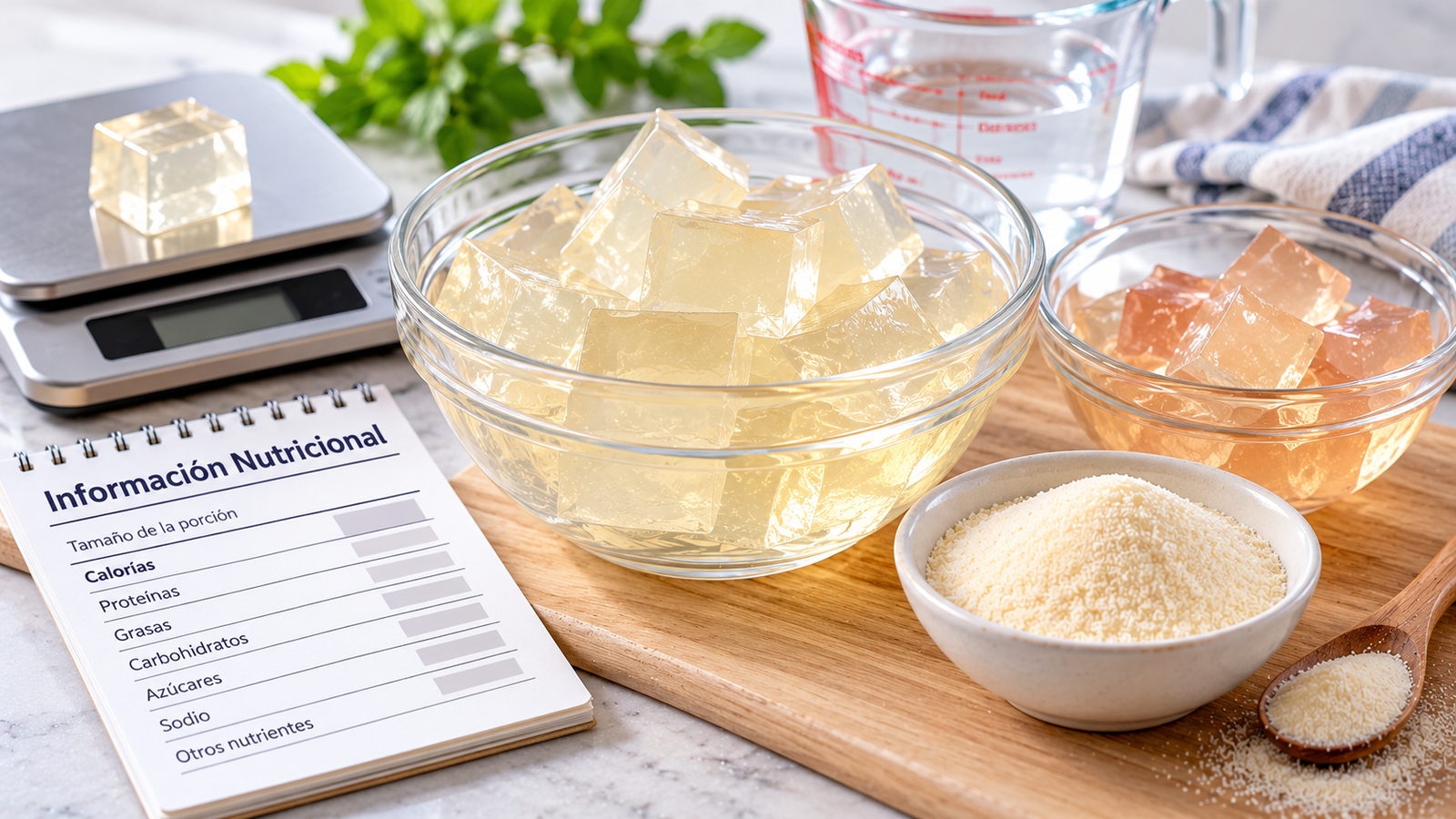 Gelatina preparada, gelatina en polvo y tabla de información nutricional