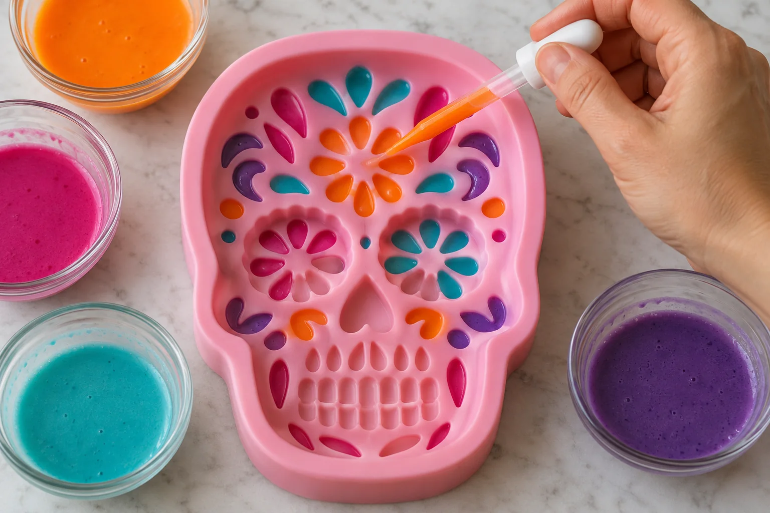 Decoración de un molde de Catrina con gelatina de colores