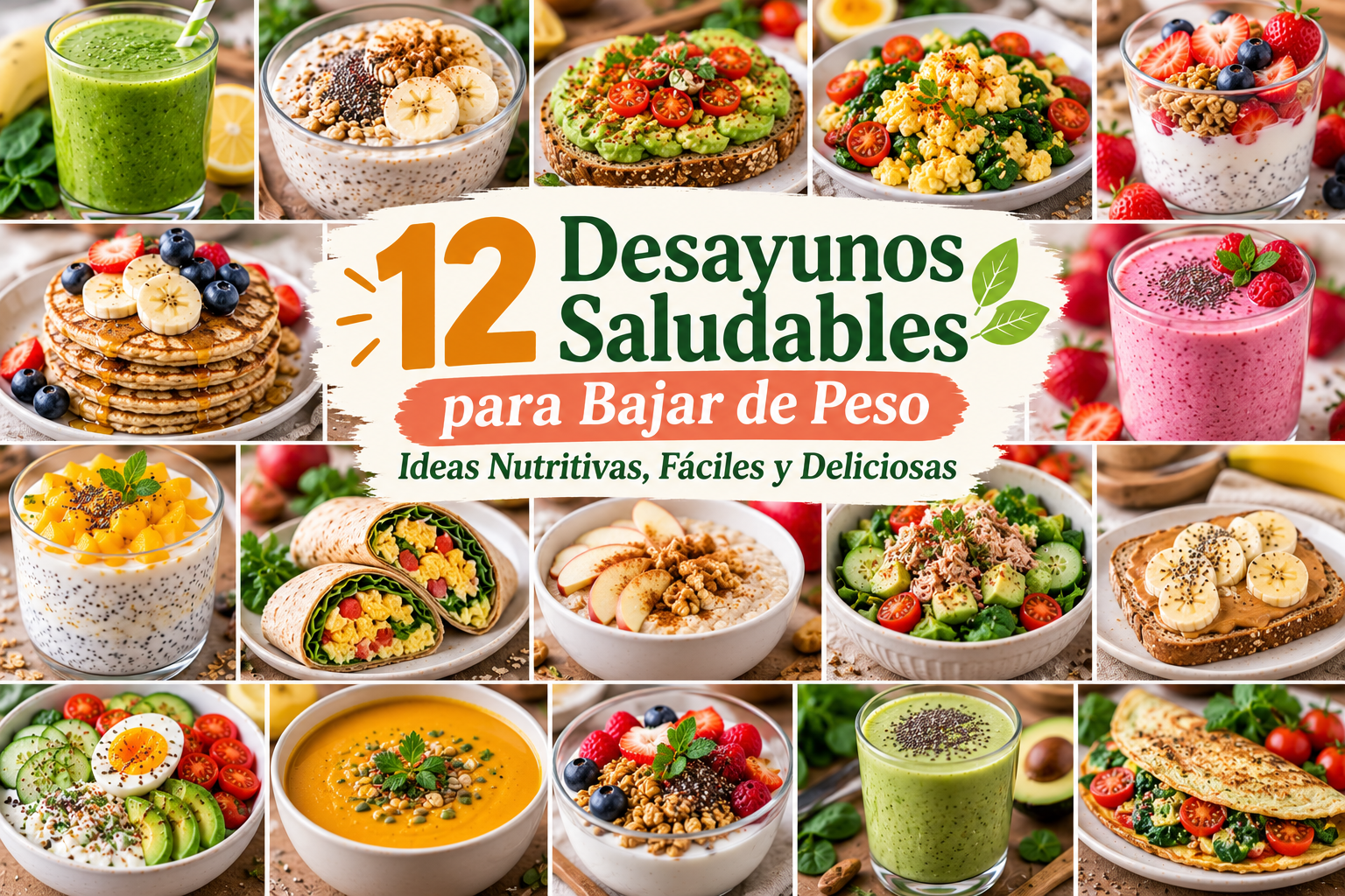 Collage de desayunos saludables con avena, huevos, yogur, fruta y licuados
