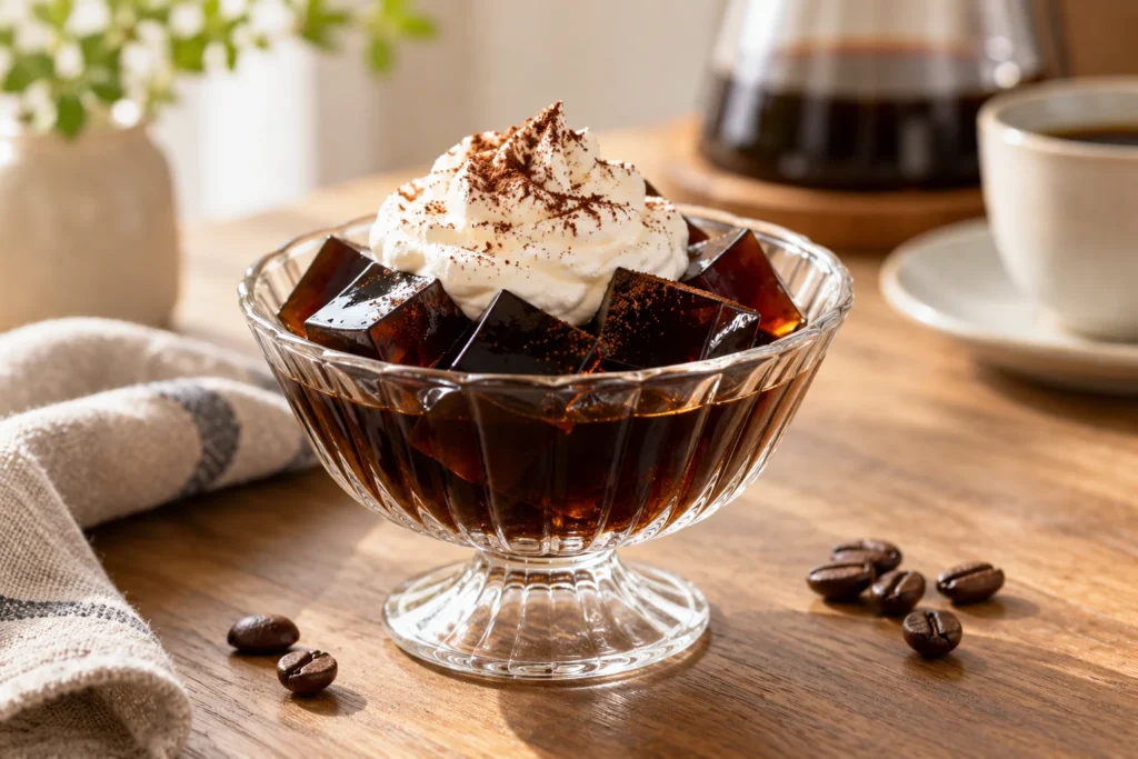 Gelatina de café en cubos servida con crema batida