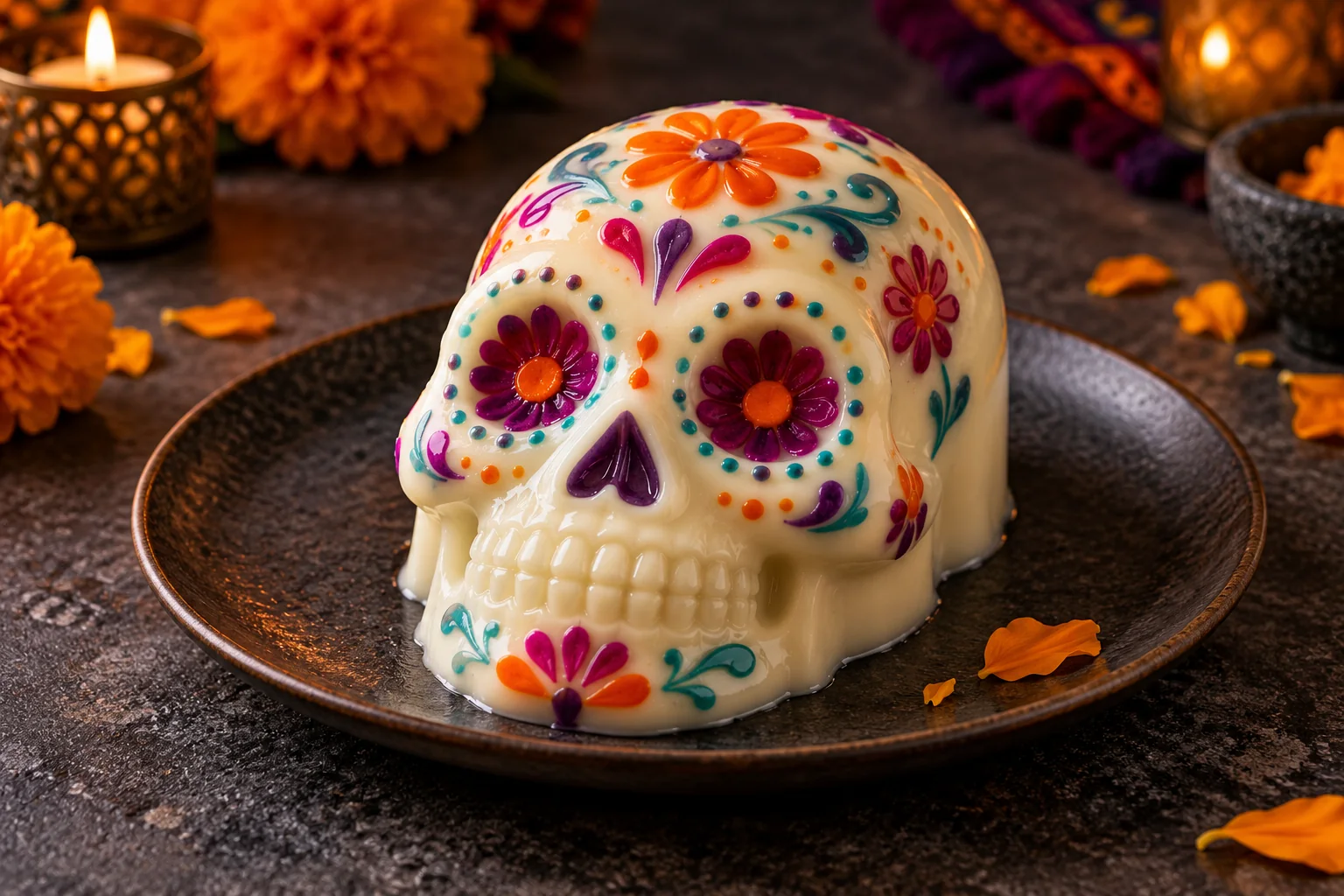 Gelatina de Catrina colorida con forma de calavera