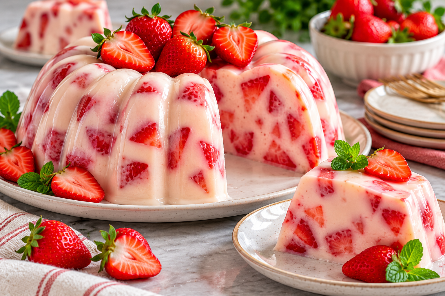 Gelatina cremosa de leche con fresas servida en molde
