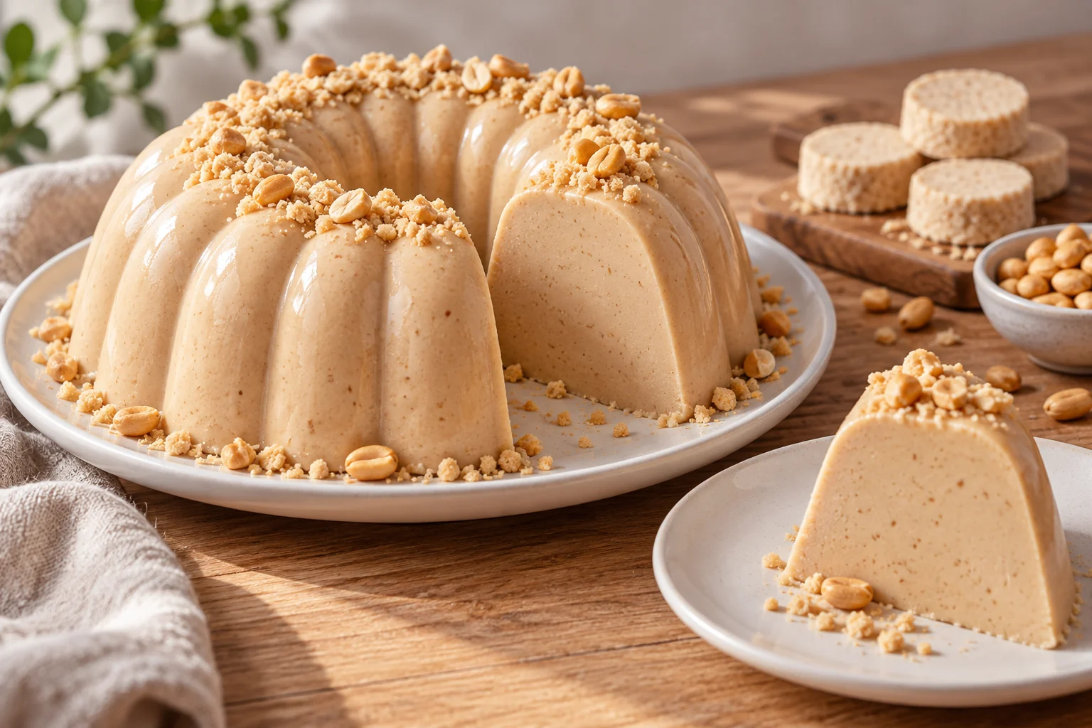 Gelatina de mazapán de cacahuate desmoldada con una porción servida