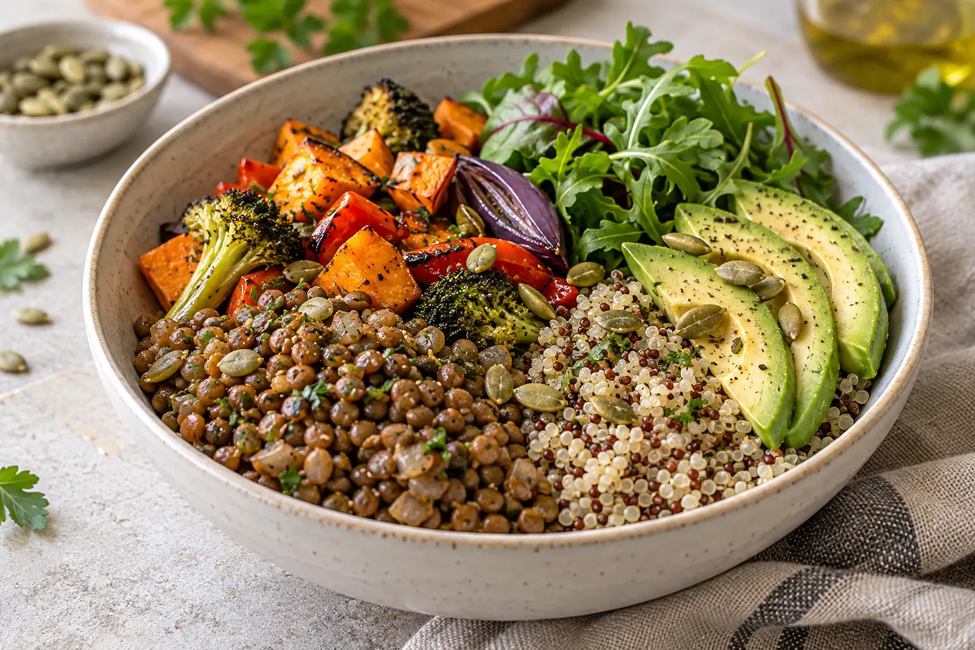 Bol de lentejas, quinoa, verduras asadas, aguacate y semillas