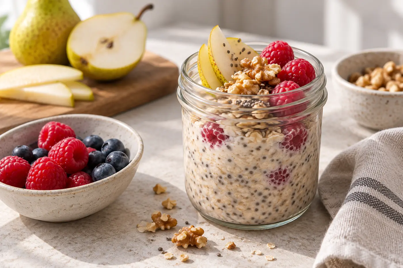 Avena con chía, pera, frambuesas y nueces para un desayuno rico en fibra