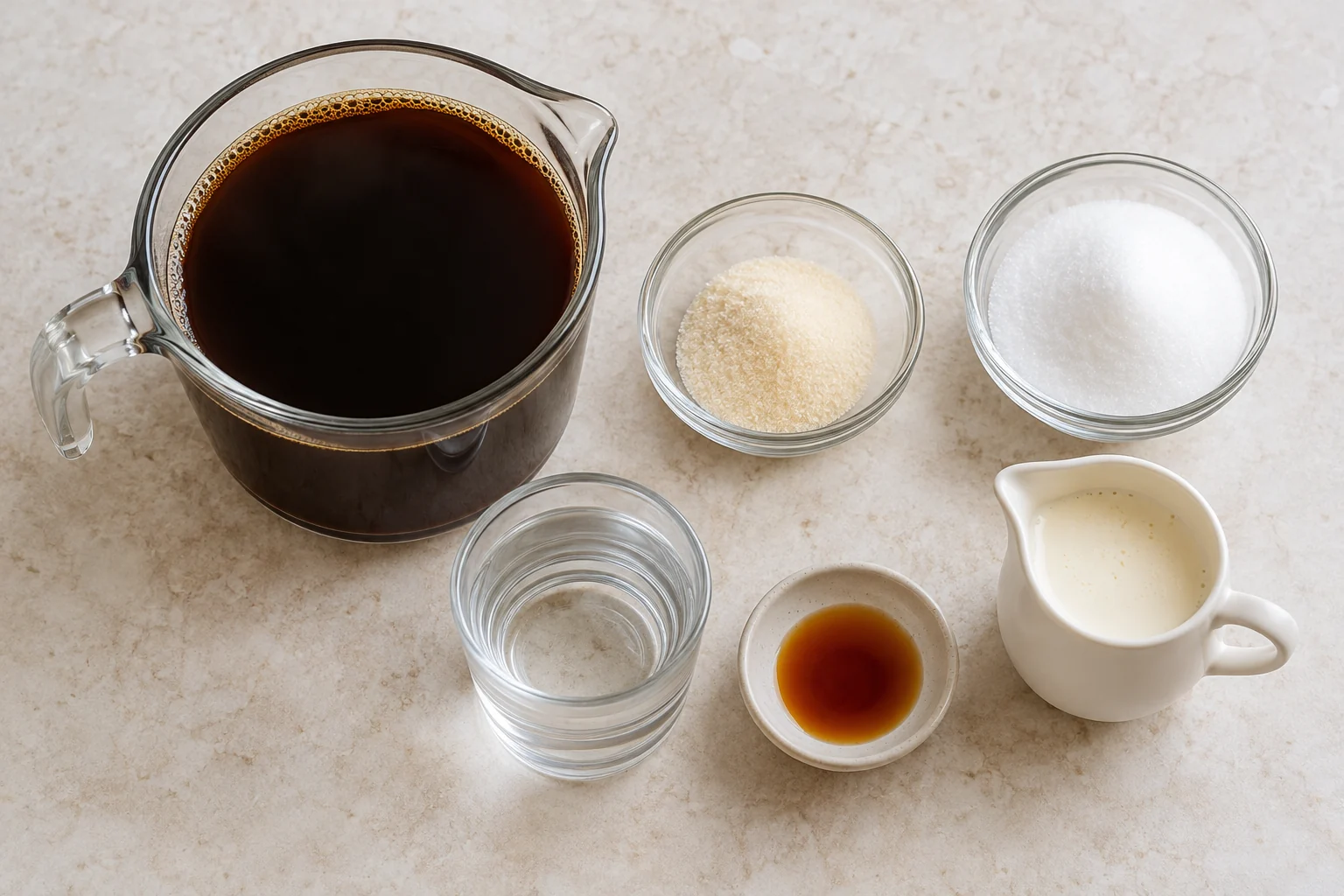 Café, gelatina sin sabor, azúcar, agua, vainilla y crema