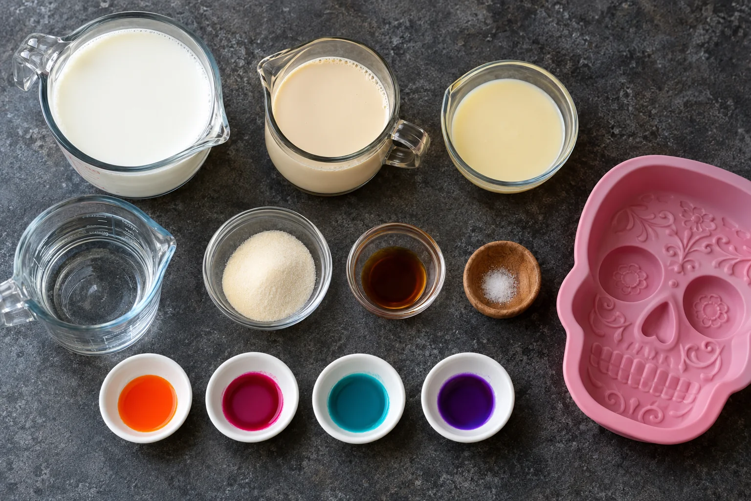 Leches, gelatina sin sabor, vainilla, colorantes y molde de Catrina