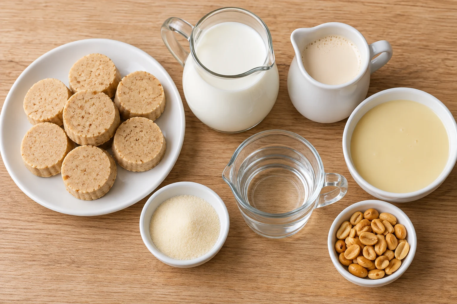 Ingredientes medidos para preparar gelatina de mazapán de cacahuate