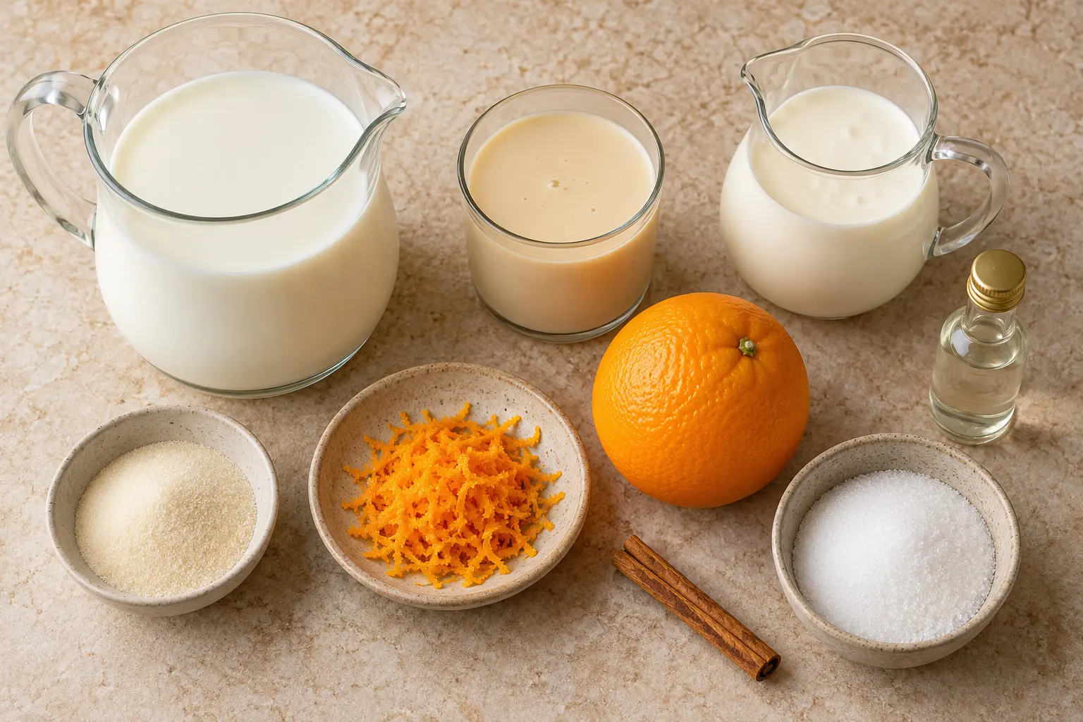 Leche, grenetina, naranja, canela, azúcar y agua de azahar