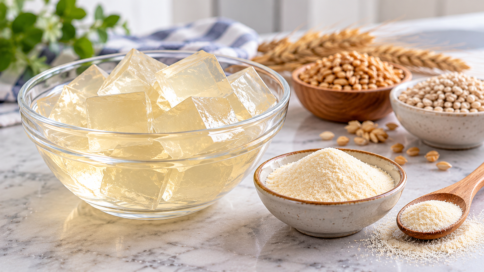 Gelatina sin sabor preparada junto a gelatina en polvo y granos con gluten