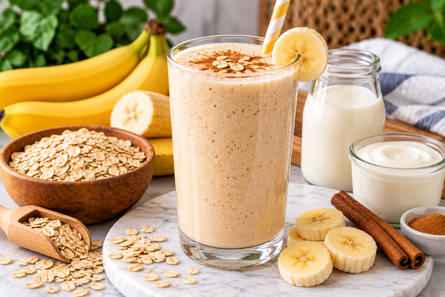 Licuado de avena con plátano, yogur y canela servido en vaso
