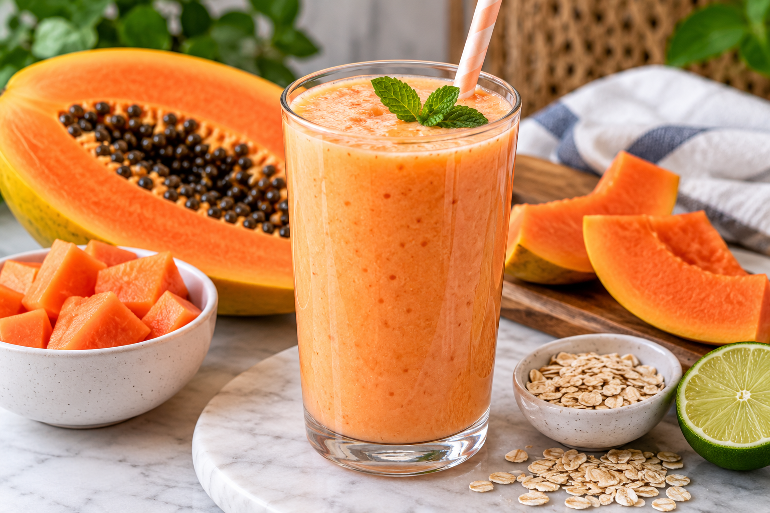 Licuado de papaya cremoso con papaya fresca, avena y limón