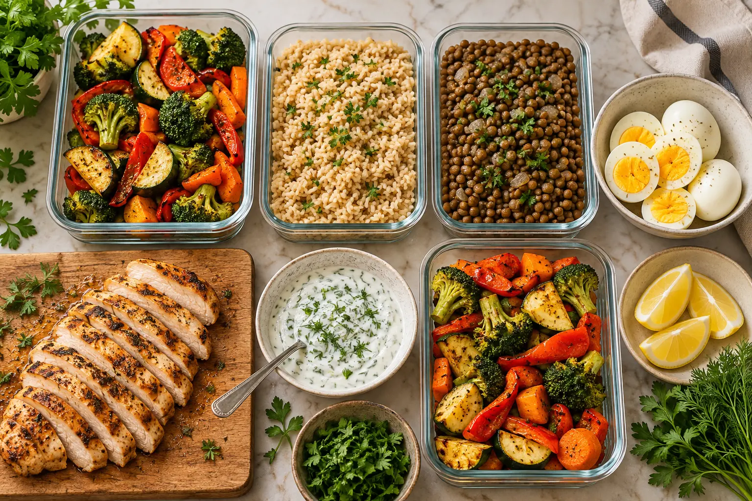 Preparación semanal de verduras, arroz, legumbres, huevos y pollo para cenas saludables