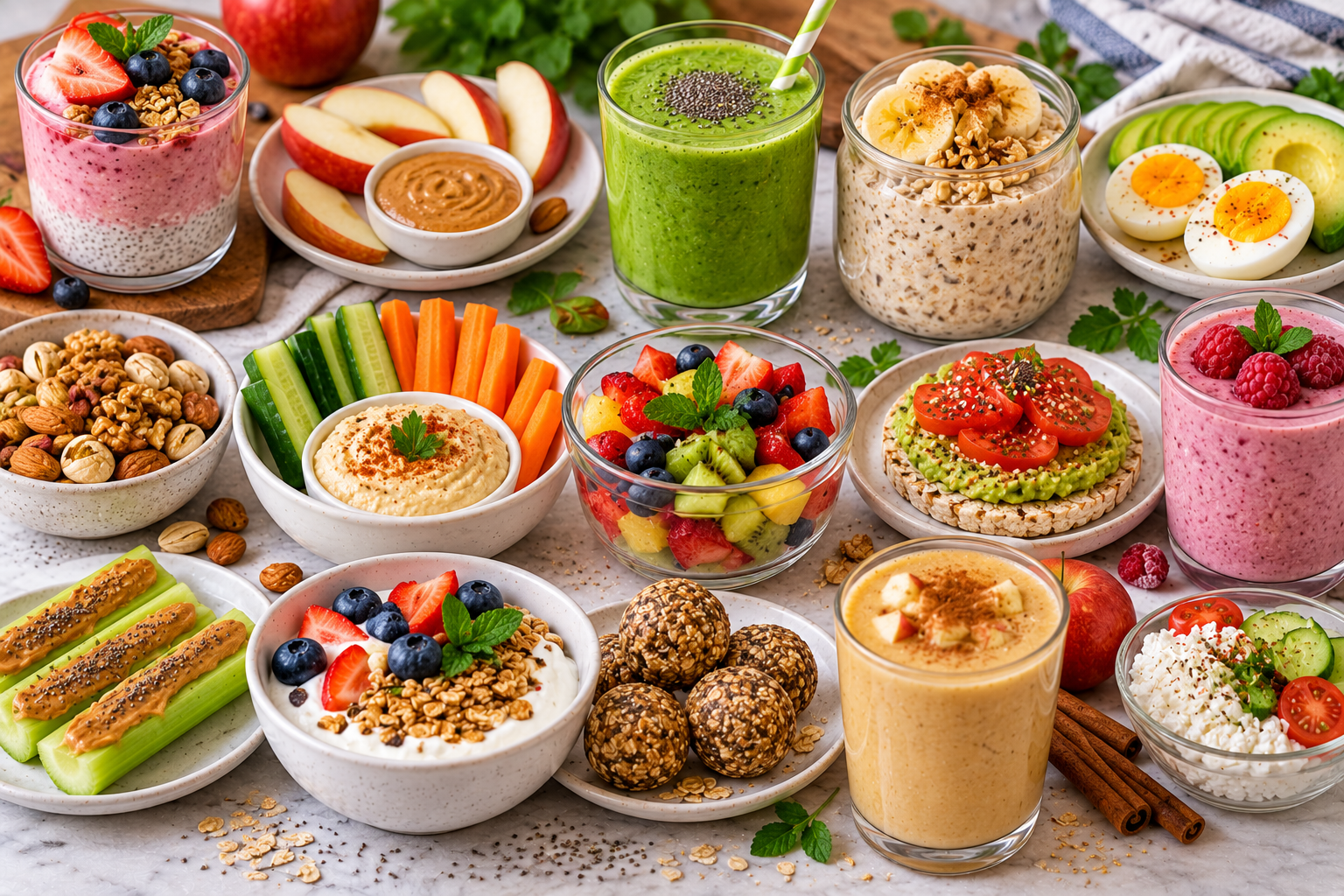 Ideas de meriendas saludables con yogur, fruta, avena, verduras y frutos secos