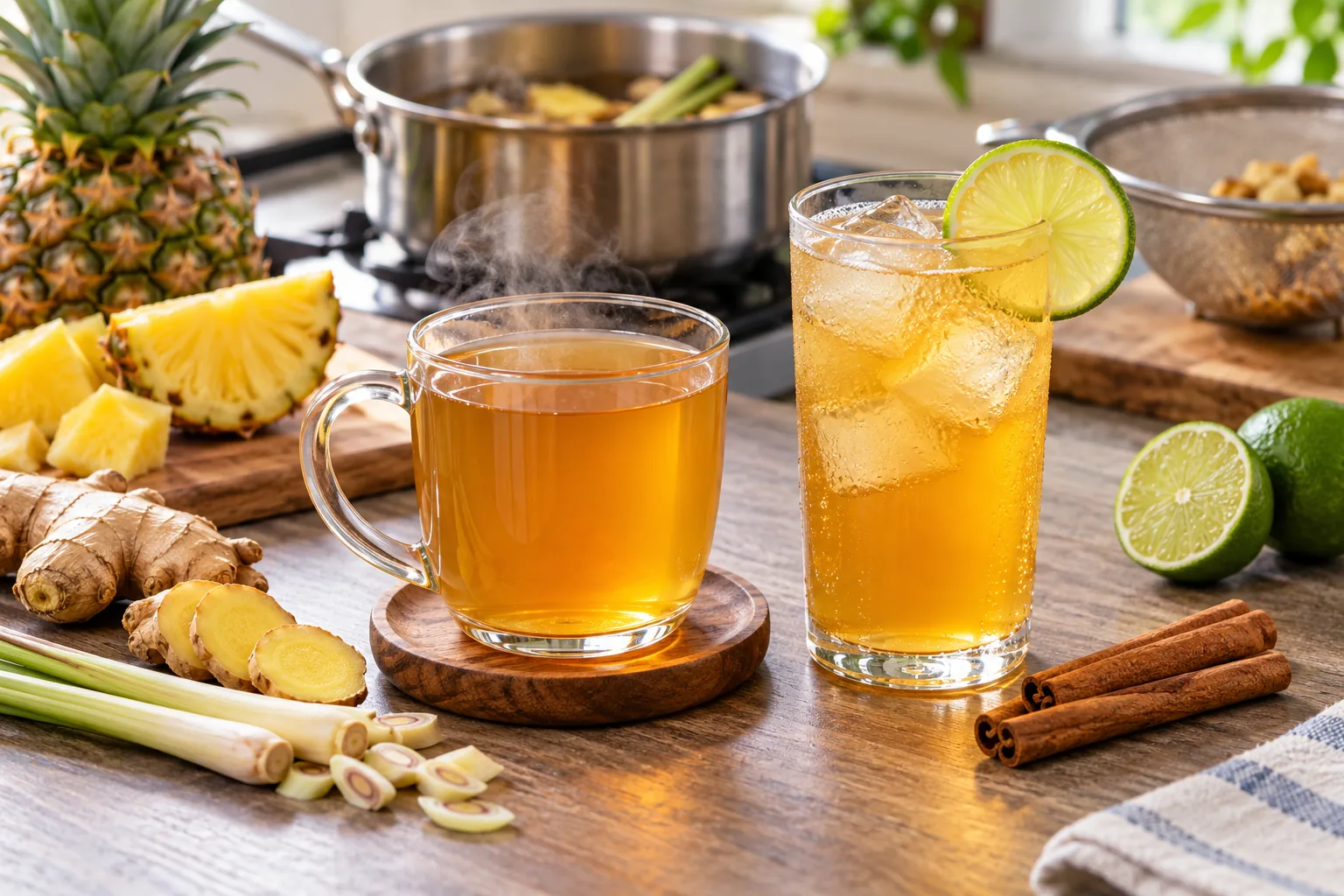 Infusión de piña, jengibre y canela servida caliente y con hielo