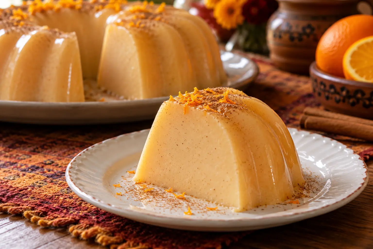 Porción de gelatina cremosa de naranja, canela y azahar