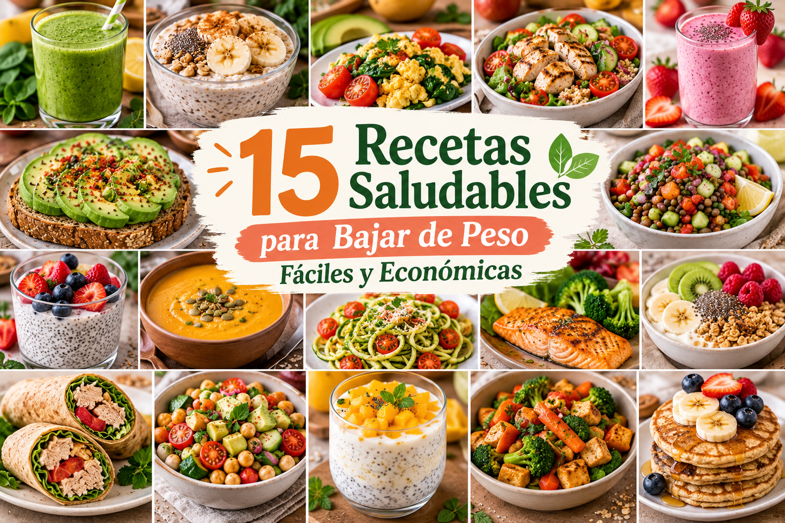 Collage de recetas saludables para bajar de peso con desayunos, comidas, cenas y bebidas