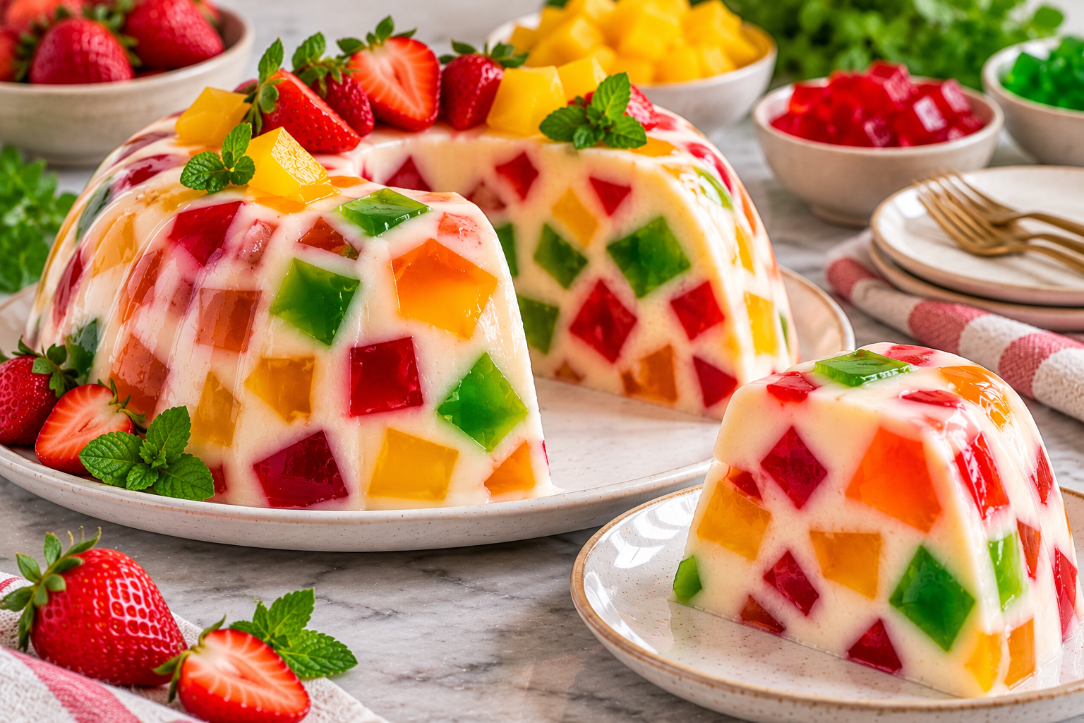 Tarta de gelatina de colores con base cremosa y fruta fresca