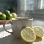 Taza de té verde caliente preparada con hojas de té