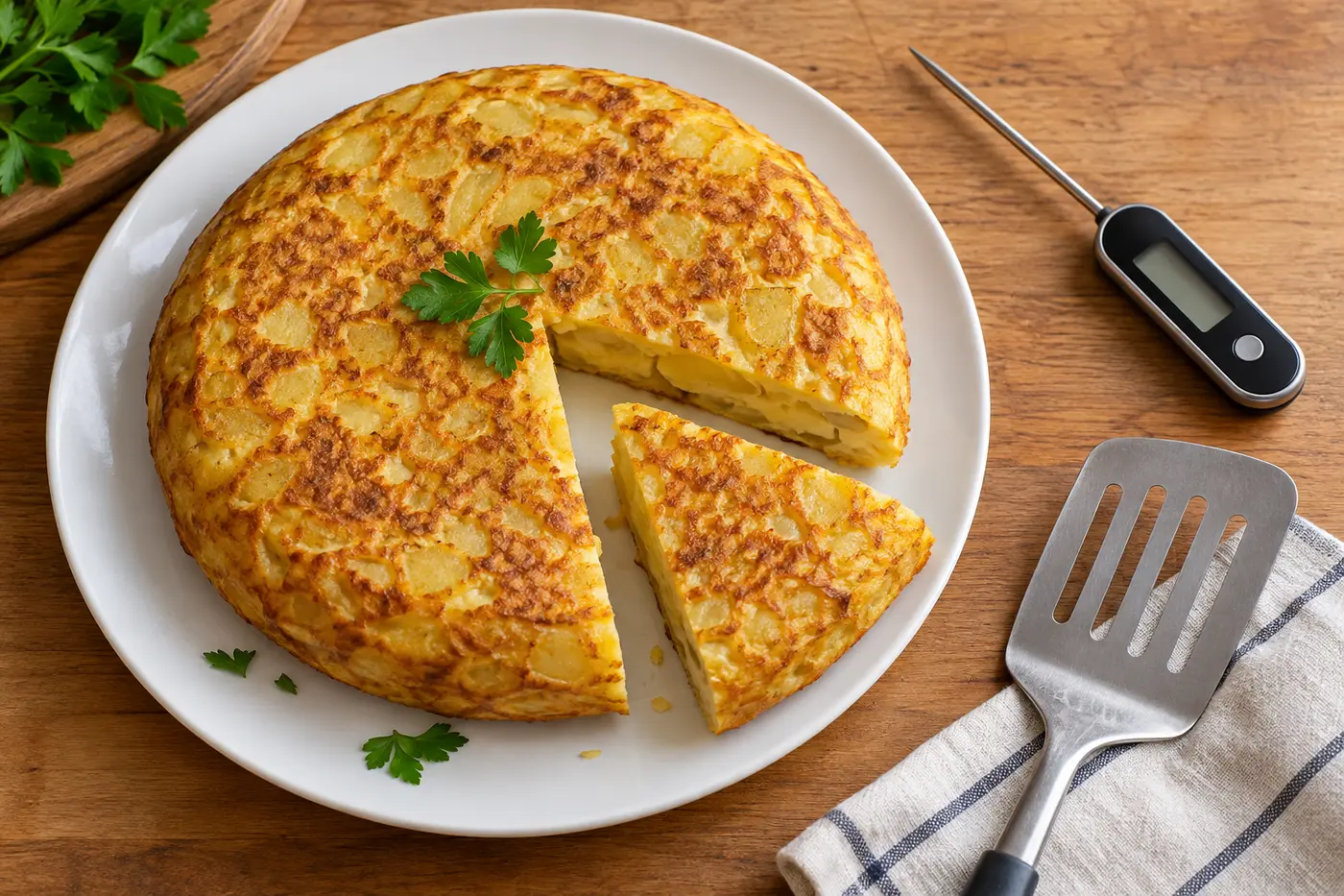 Tortilla de patatas cuajada con termómetro de cocina al lado